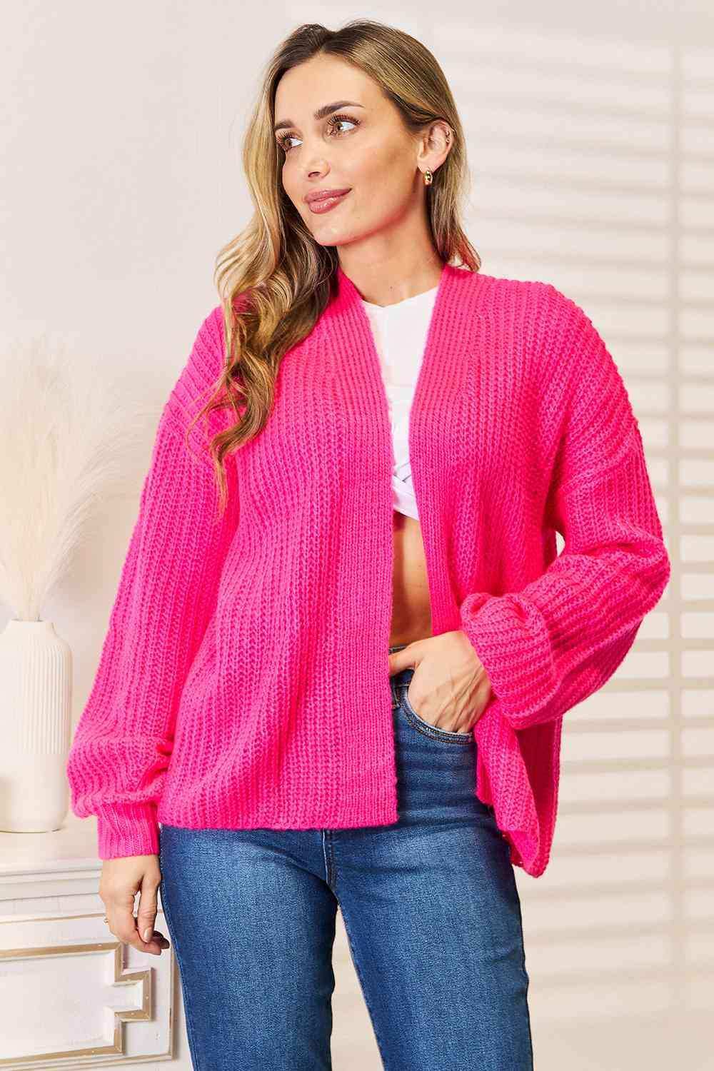Woven Right Rib-Knit Open Front Drop Shoulder Cardigan - Trendsi - Flyclothing LLC