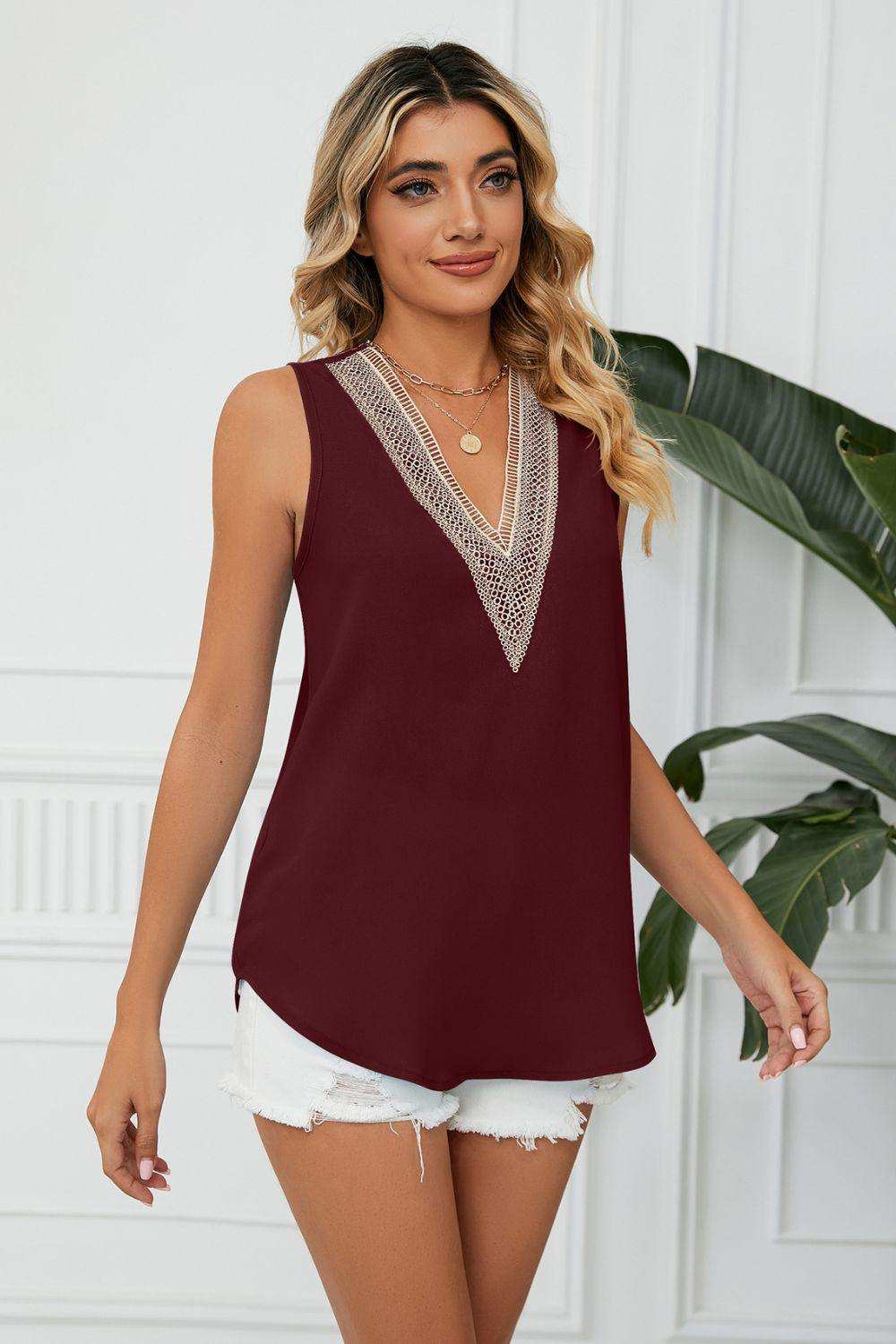 Contrast Trim Plunge Sleeveless Blouse - Trendsi - Flyclothing LLC