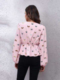 Butterfly V-Neck Balloon Sleeve Peplum Blouse - Trendsi - Flyclothing LLC