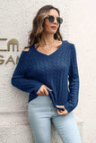 Cold Shoulder V-Neck Cable-Knit Pullover Sweater - Trendsi - Flyclothing LLC