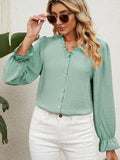 Button Up Flounce Sleeve V-Neck Shirt - Trendsi - Flyclothing LLC