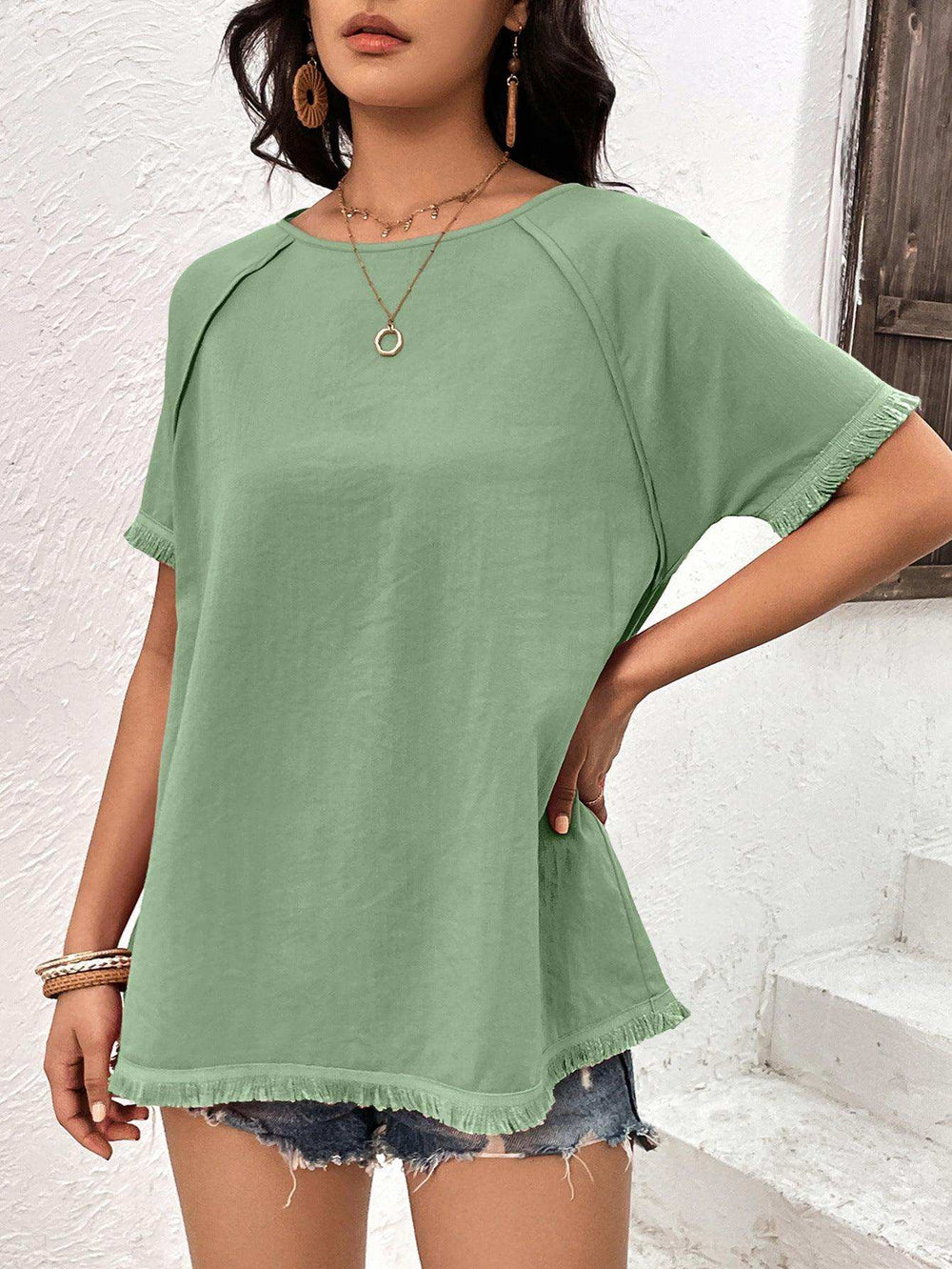 Round Neck Raglan Sleeve Fringe Detail Top - Trendsi - Flyclothing LLC