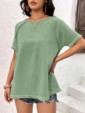 Round Neck Raglan Sleeve Fringe Detail Top - Trendsi - Flyclothing LLC