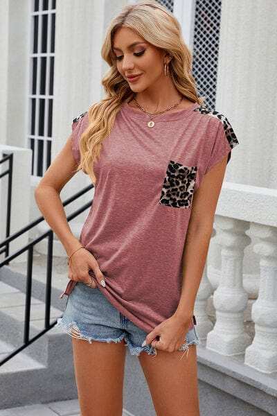 Leopard Round Neck Cap Sleeve T-Shirt - Trendsi - Flyclothing LLC