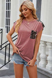 Leopard Round Neck Cap Sleeve T-Shirt - Trendsi - Flyclothing LLC