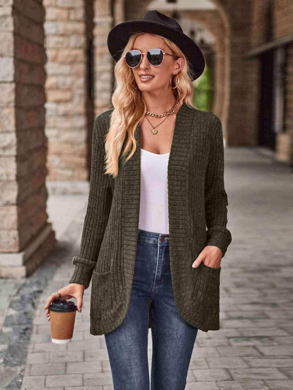 Open Front Cardigan with Pockets - Trendsi - Flyclothing LLC