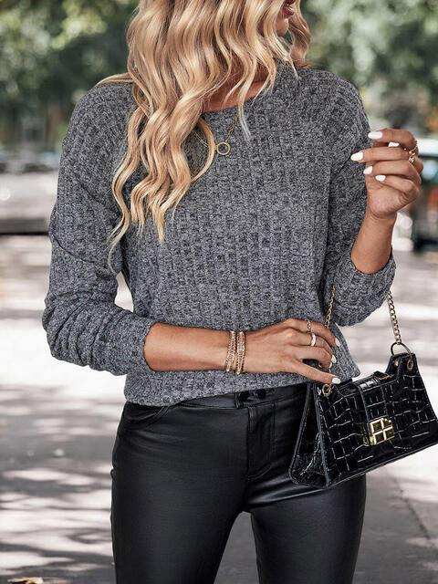 Round Neck Long Sleeve Knit Top - Trendsi - Flyclothing LLC