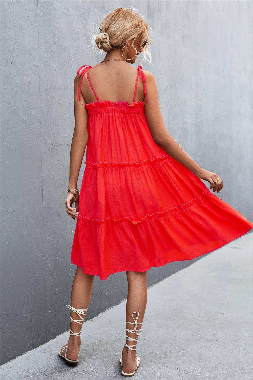Tie-Shoulder Frill Trim Sleeveless Dress - Trendsi - Flyclothing LLC