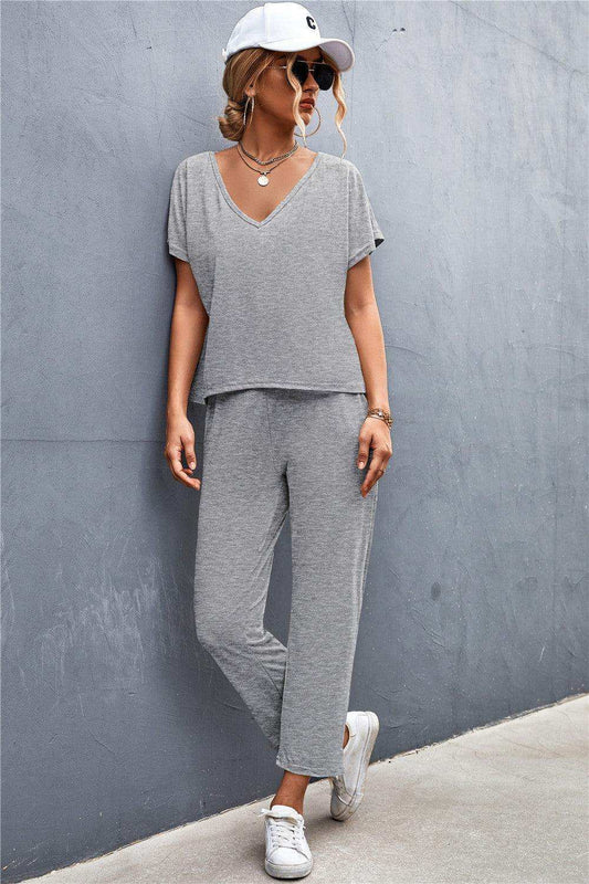 V-Neck Short Sleeve T-Shirt and Drawstring Waist Pants Set - Trendsi - Flyclothing LLC