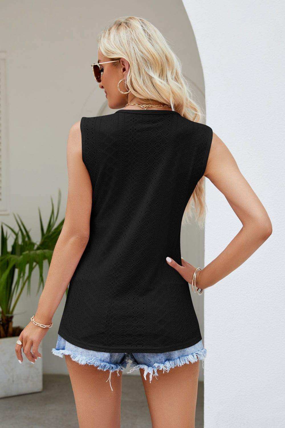 Contrast V-Neck Eyelet Tank - Trendsi - Flyclothing LLC
