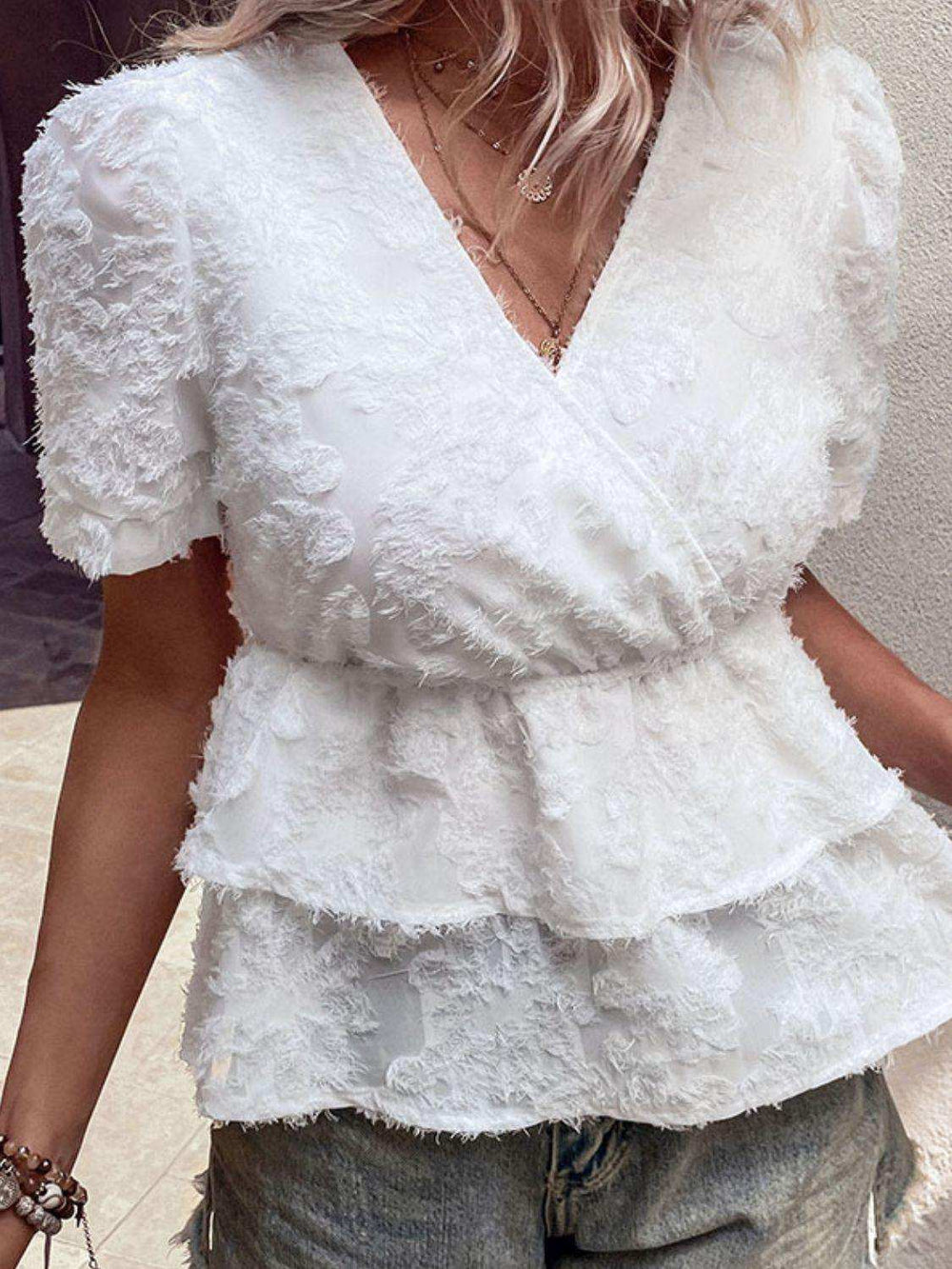 Surplice Neck Layered Peplum Top - Trendsi - Flyclothing LLC