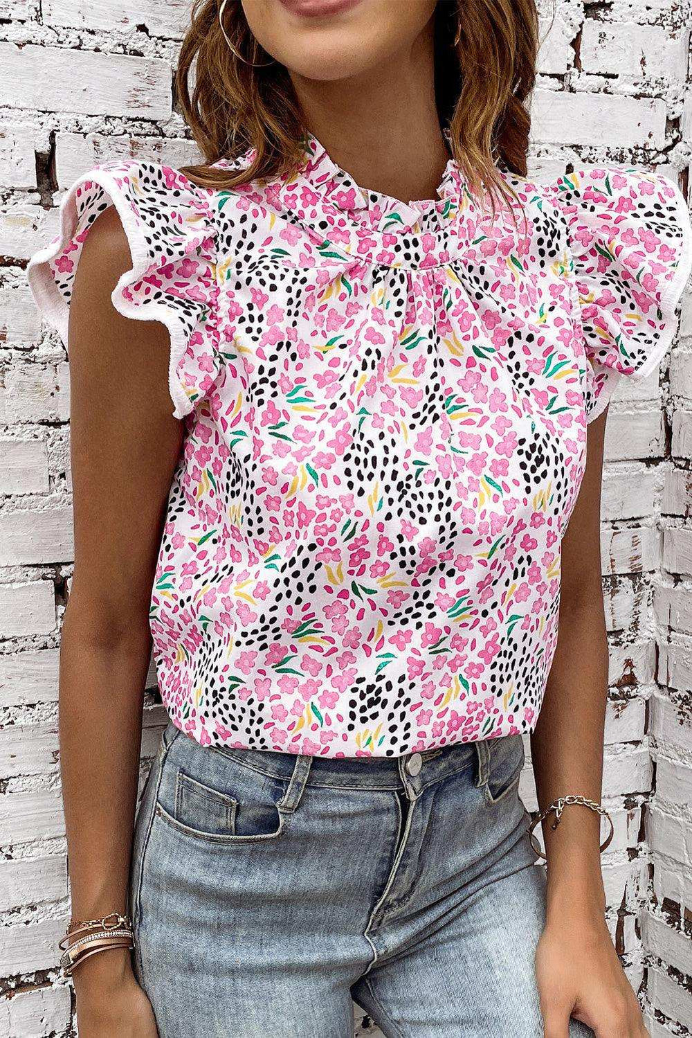 Floral Mock Neck Short Sleeve Blouse - Trendsi - Flyclothing LLC