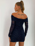 Glitter Ruched Off-Shoulder Long Sleeve Bodycon Dress - Trendsi - Flyclothing LLC