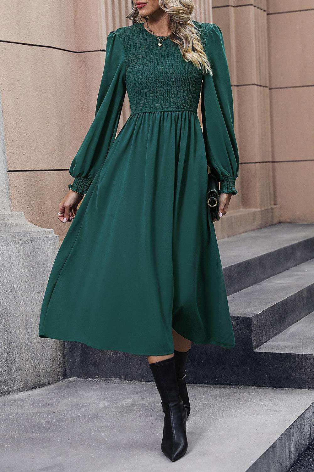 Smocked Long Sleeve Midi Dress - Trendsi - Flyclothing LLC