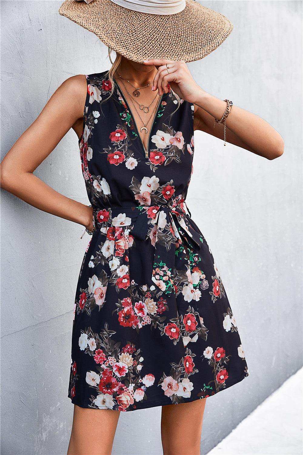 Printed Zip Detail Belted Sleeveless Dress - Trendsi - Flyclothing LLC