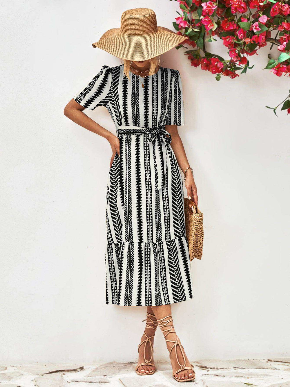 Striped Tie Belt Round Neck Puff Sleeve Dress - Trendsi - Flyclothing LLC