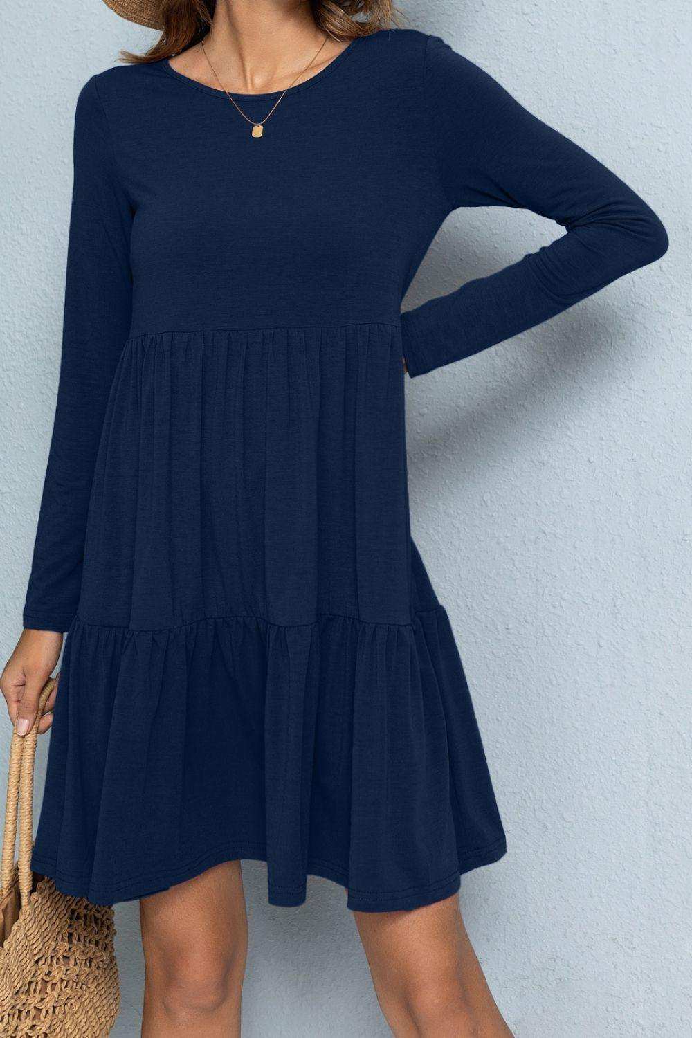 Round Neck Long Sleeved Tiered Dress - Trendsi - Flyclothing LLC
