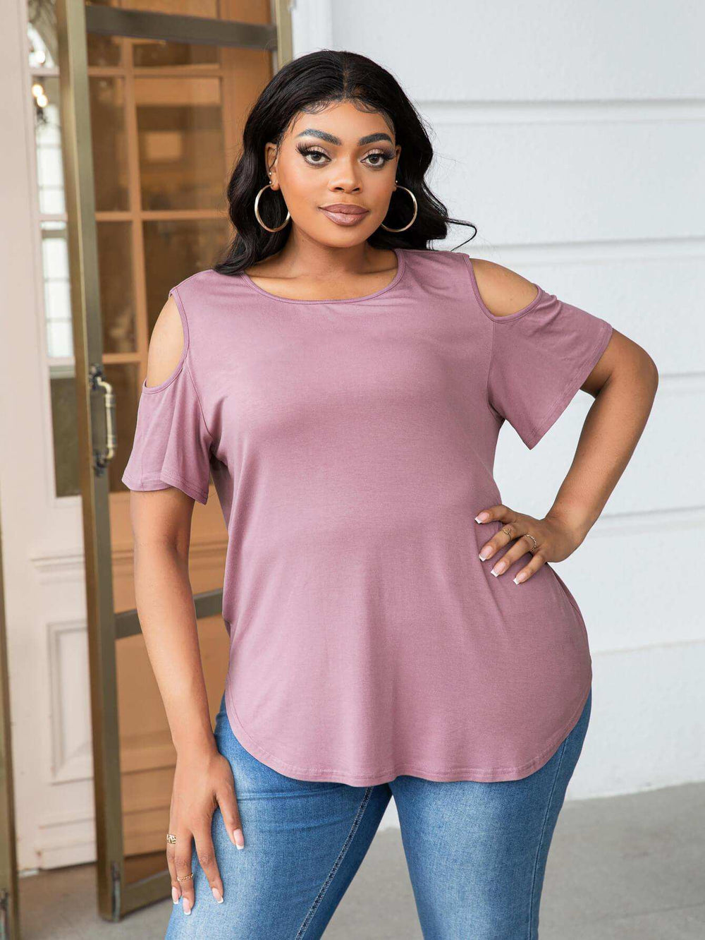 Plus Size Cold-Shoulder Round Neck Curved Hem Tee - Trendsi - Flyclothing LLC