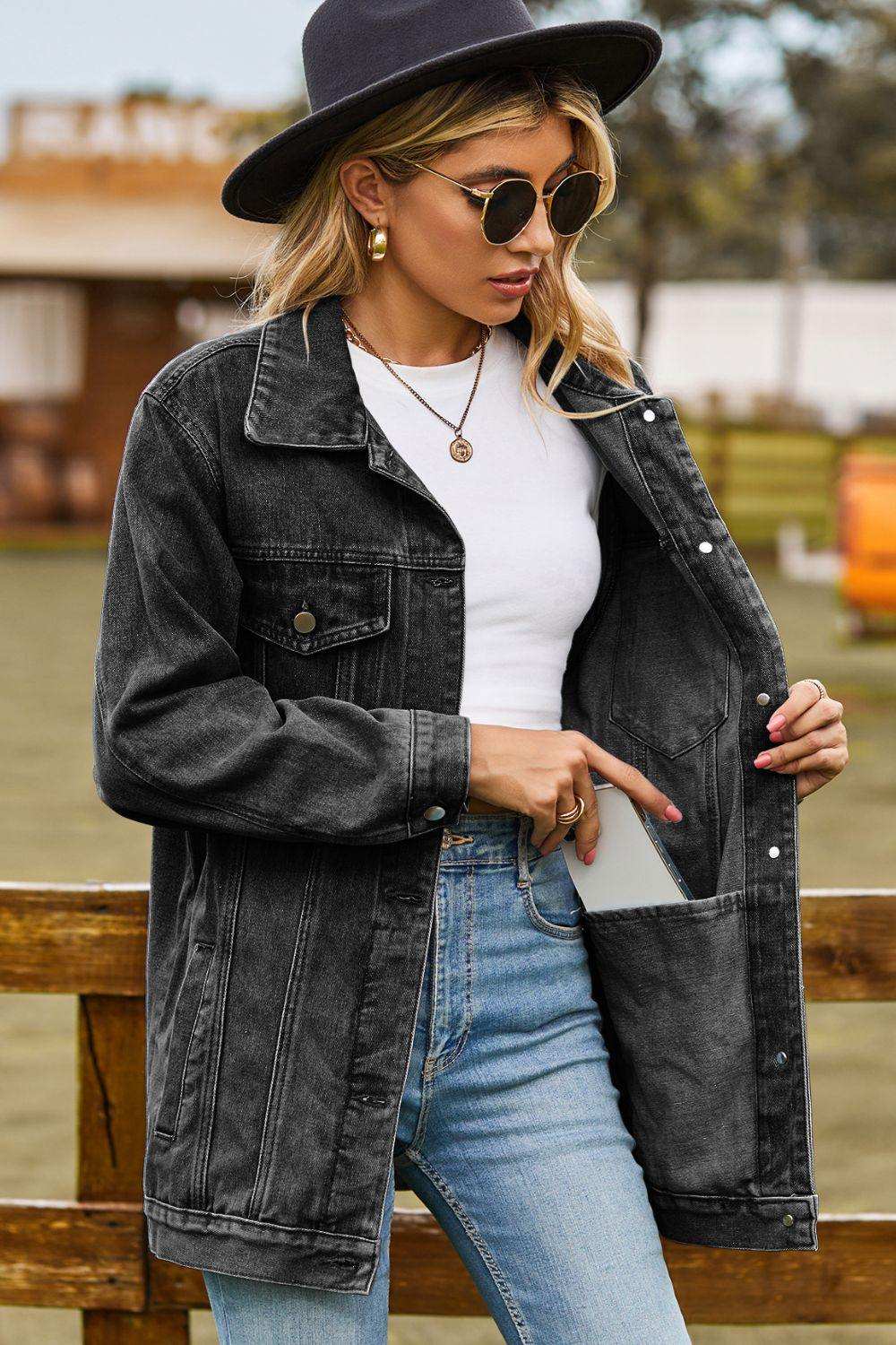 Buttoned Collared Neck Denim Jacket with Pockets - Trendsi - Flyclothing LLC