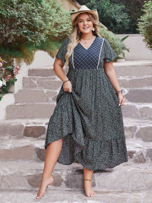 Plus Size Printed V-Neck Flutter Sleeve Midi Dress - Trendsi - Flyclothing LLC