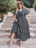 Plus Size Printed V-Neck Flutter Sleeve Midi Dress - Trendsi - Flyclothing LLC