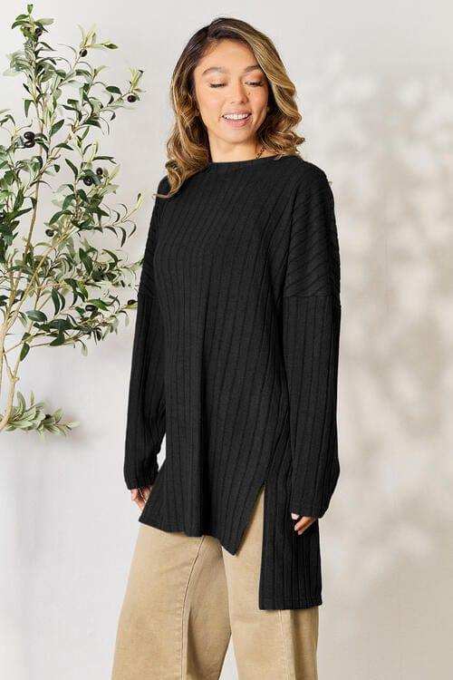 Basic Bae Full Size Ribbed Round Neck Long Sleeve Slit Top - Trendsi - Flyclothing LLC