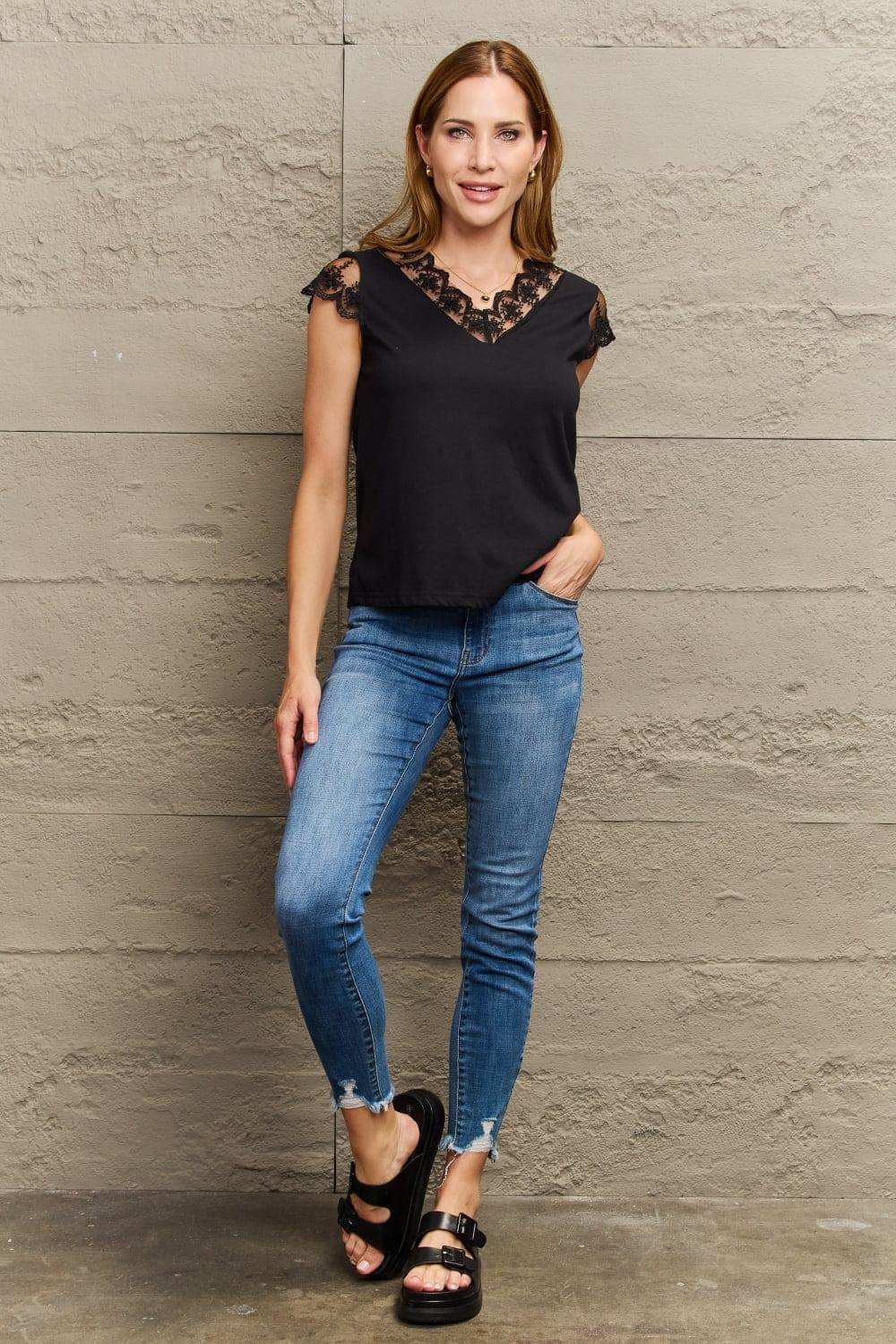 Lace Trim Cap Sleeve Blouse - Trendsi - Flyclothing LLC