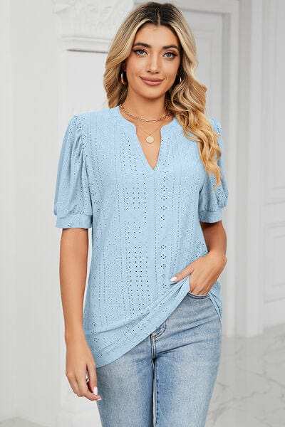 Eyelet Notched Short Sleeve T-Shirt - Trendsi - Flyclothing LLC
