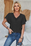 Eyelet Applique V-Neck Cap Sleeve T-Shirt - Trendsi - Flyclothing LLC