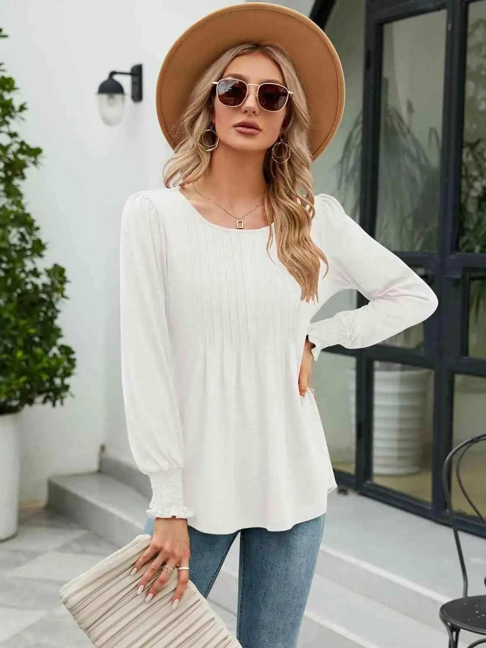 Smocked Round Neck Lantern Sleeve Blouse - Trendsi - Flyclothing LLC