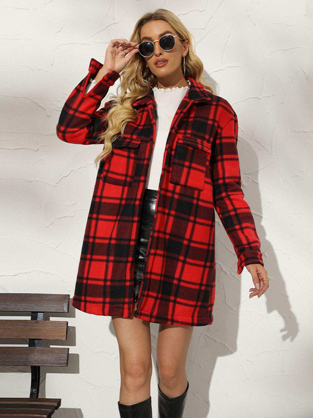 Plaid Collared Longline Coat - Trendsi - Flyclothing LLC