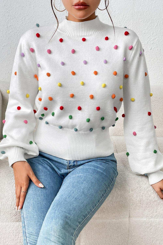 Pom-Pom Trim Mock Neck Long Sleeve Pullover Sweater - Trendsi - Flyclothing LLC