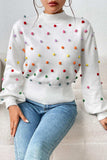 Pom-Pom Trim Mock Neck Long Sleeve Pullover Sweater - Trendsi - Flyclothing LLC