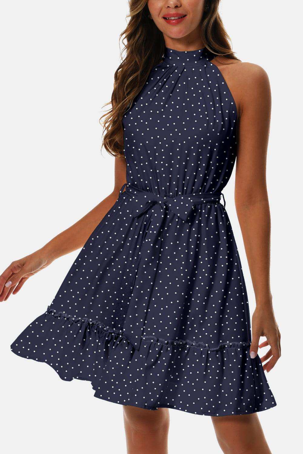Printed Tie Waist Frill Trim Dress - Trendsi - Flyclothing LLC