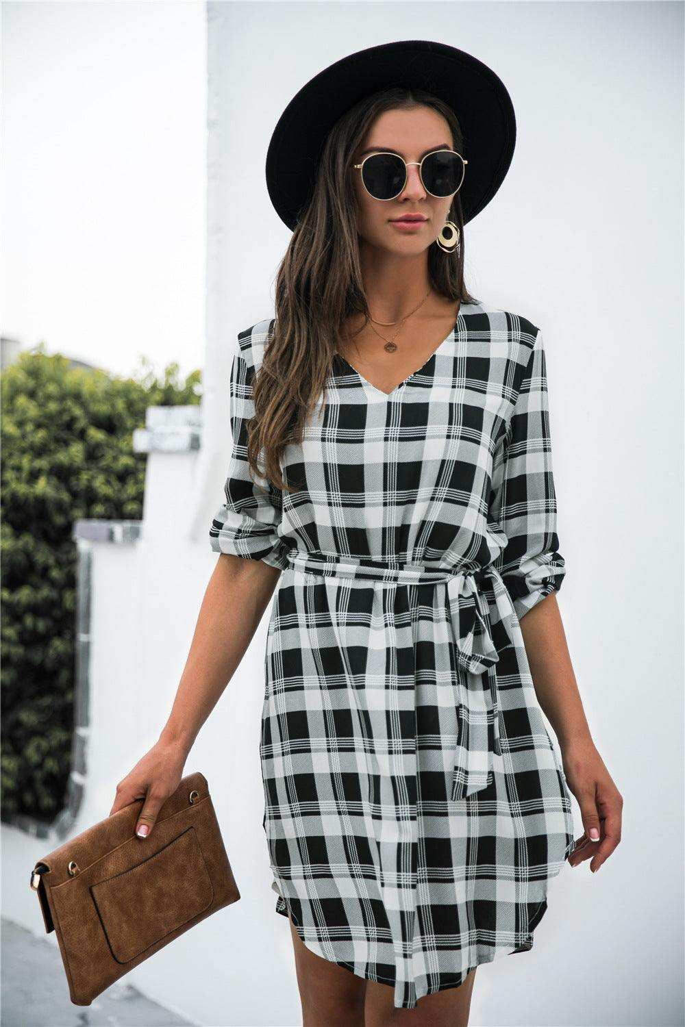 Plaid V-Neck Tie Waist Dress - Trendsi - Flyclothing LLC