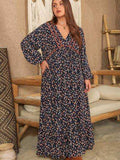 Plus Size Printed V-Neck Balloon Sleeve Dress - Trendsi - Flyclothing LLC
