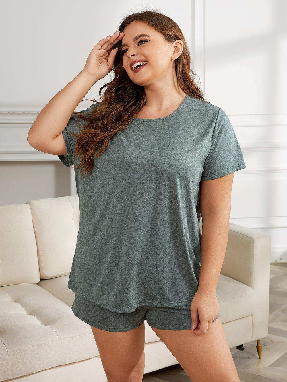 Plus Size Round Neck Short Sleeve Two-Piece Loungewear Set - Trendsi - Flyclothing LLC