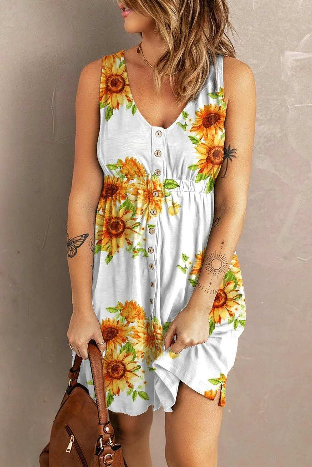Sunflower Print Button Down Sleeveless Dress - Trendsi - Flyclothing LLC