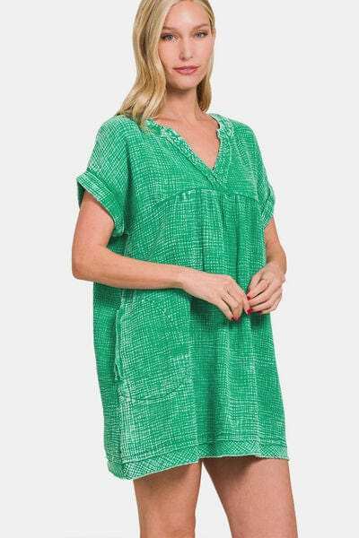 Zenana Washed Notched Short Sleeve Mini Dress - Trendsi - Flyclothing LLC