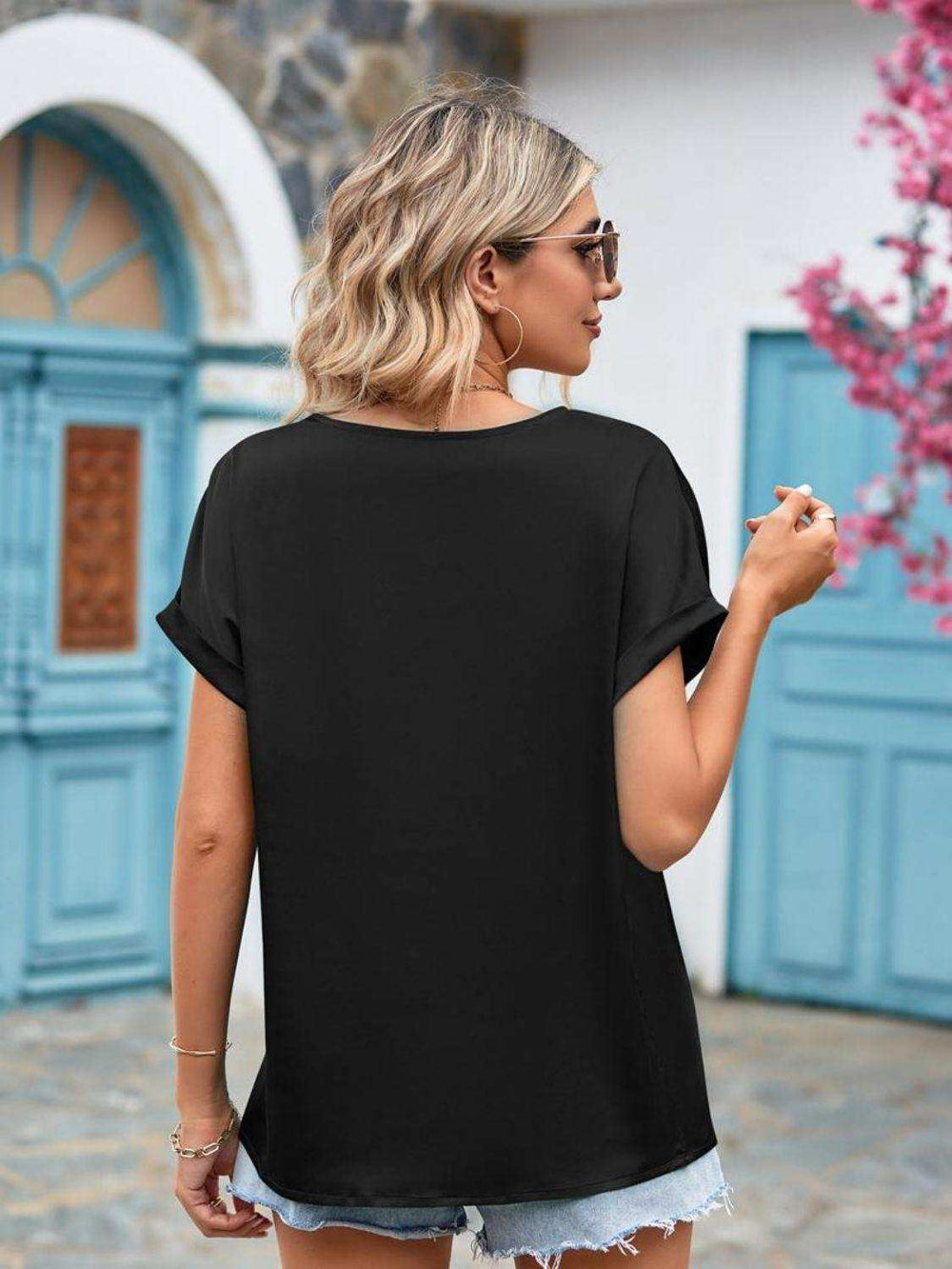 V-Neck Cuffed Blouse - Trendsi - Flyclothing LLC