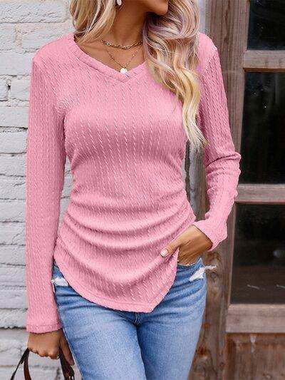 Textured Ruched V-Neck Long Sleeve T-Shirt - Trendsi - Flyclothing LLC