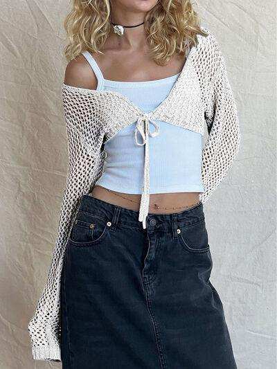 Openwork Tied Dropped Shoulder Cardigan - Trendsi - Flyclothing LLC
