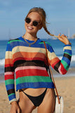 Rainbow Stripe Openwork Long Sleeve Cover-Up - Trendsi - Flyclothing LLC
