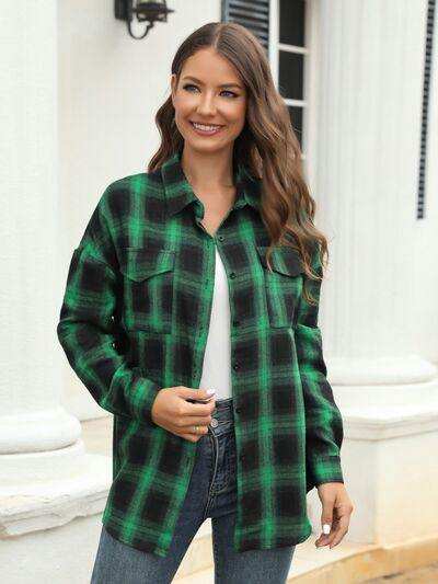 Plaid Button Up Pocketed Shirt - Trendsi - Flyclothing LLC