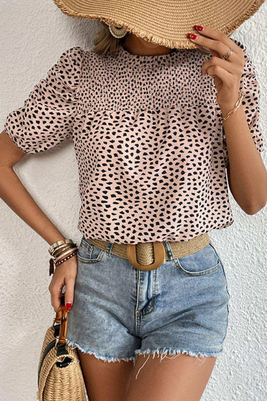 Printed Smocked Puff Sleeve Blouse - Trendsi - Flyclothing LLC