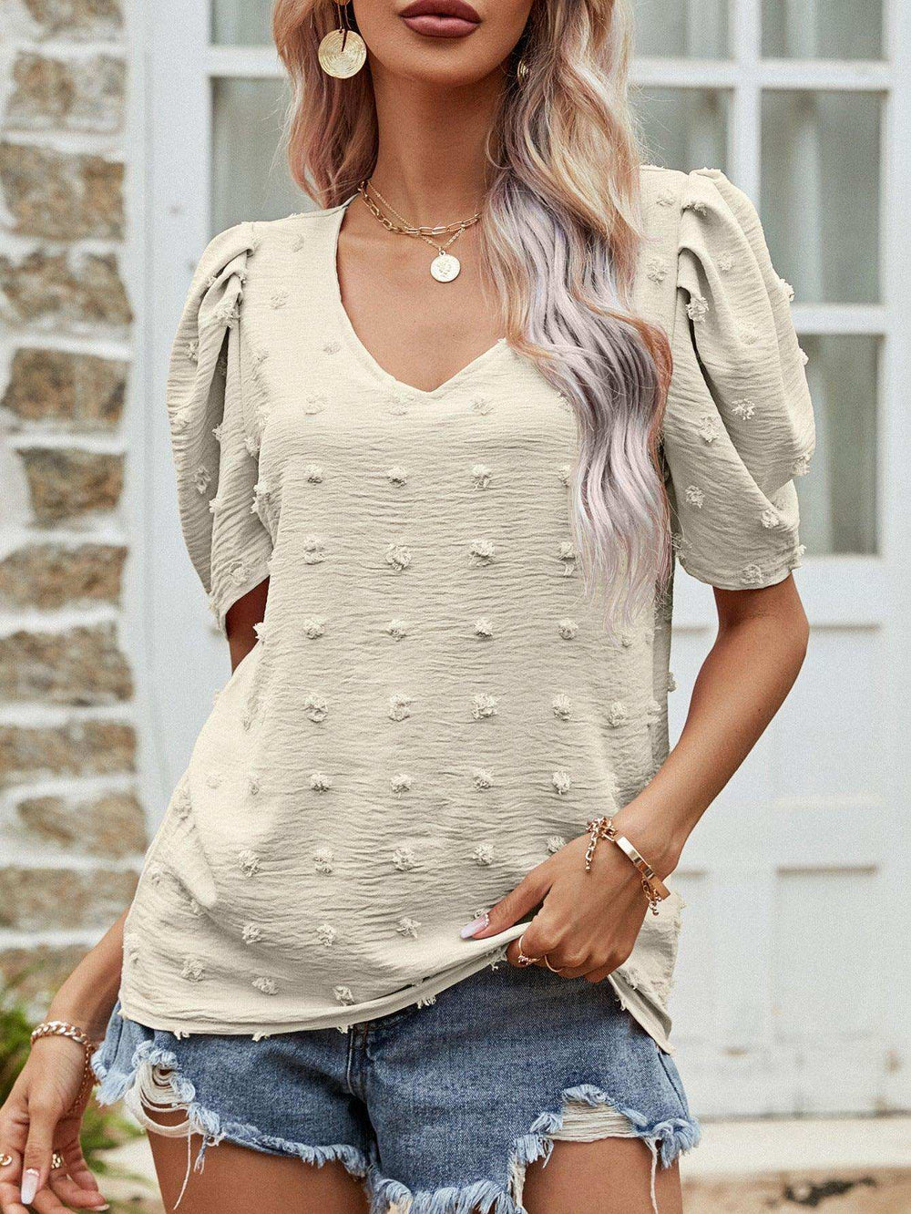 Swiss Dot Short Puff Sleeve Top - Trendsi - Flyclothing LLC