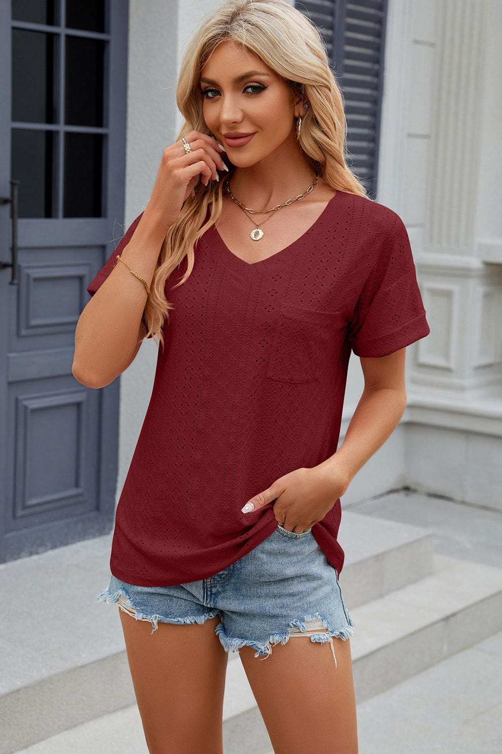 Eyelet V-Neck Short Sleeve T-Shirt - Trendsi - Flyclothing LLC