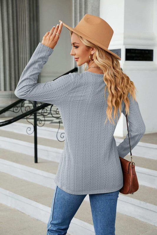 Cable-Knit Long Sleeve V-Neck T-Shirt - Trendsi - Flyclothing LLC