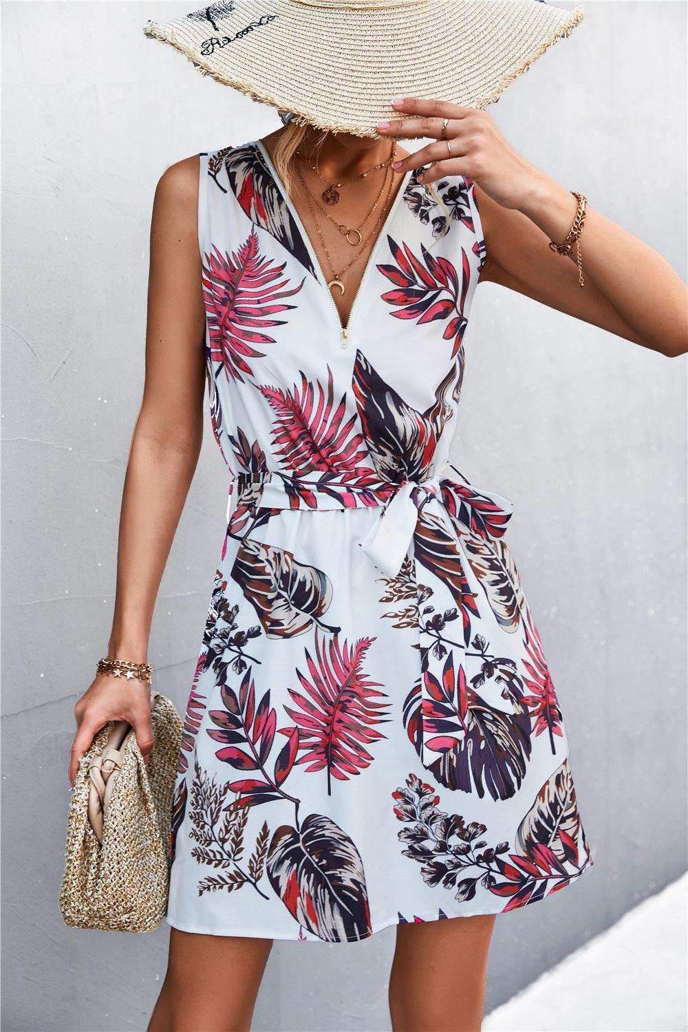 Printed Zip Detail Belted Sleeveless Dress - Trendsi - Flyclothing LLC