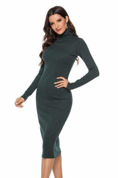 Ribbed Turtleneck Long Sleeve Dress - Trendsi - Flyclothing LLC
